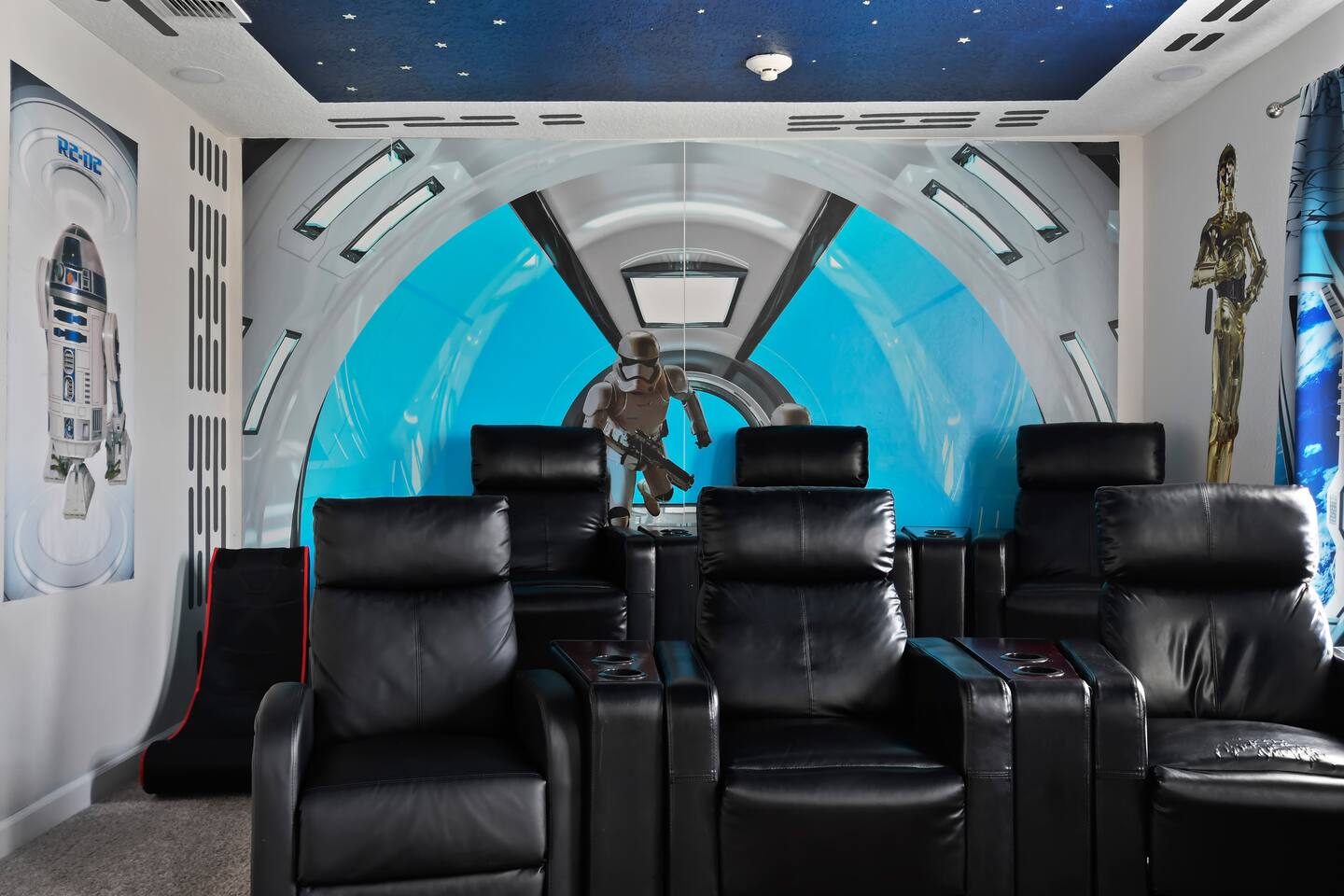 Watch your favorite Disney or Harry Potter movies on a 100" theme in comfy real 
