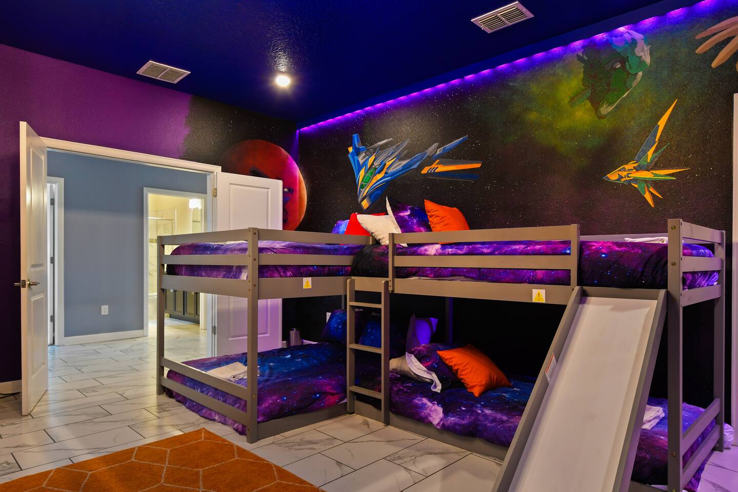 Custom Guardians of the Galaxy murals on the wall keep the awesome Epcot ride fr