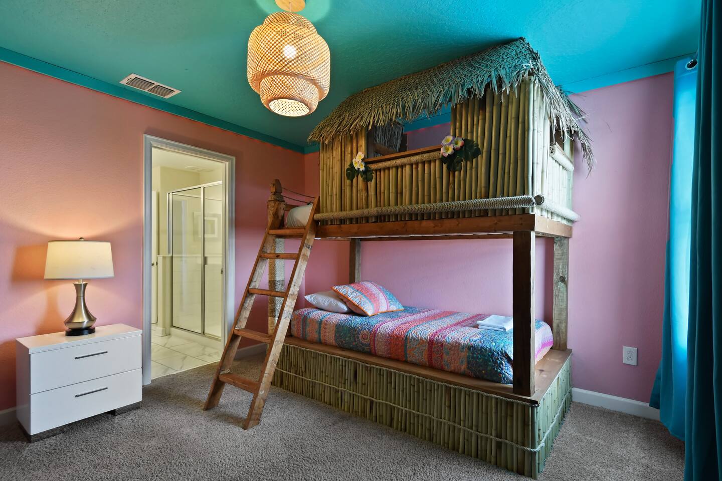 Tiki-hut twin bunk bed with ladder