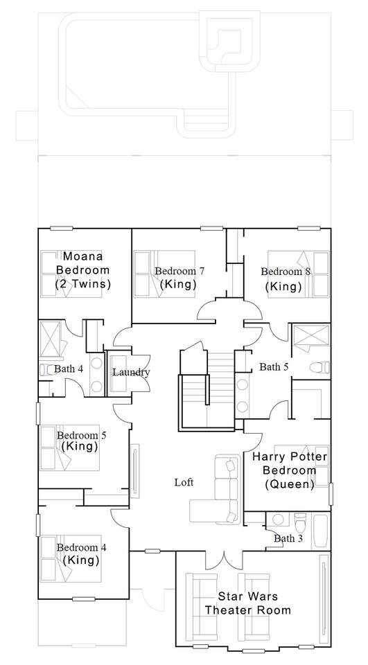 Second floor plan with Moana, Harry Potter, king bedrooms, and theater