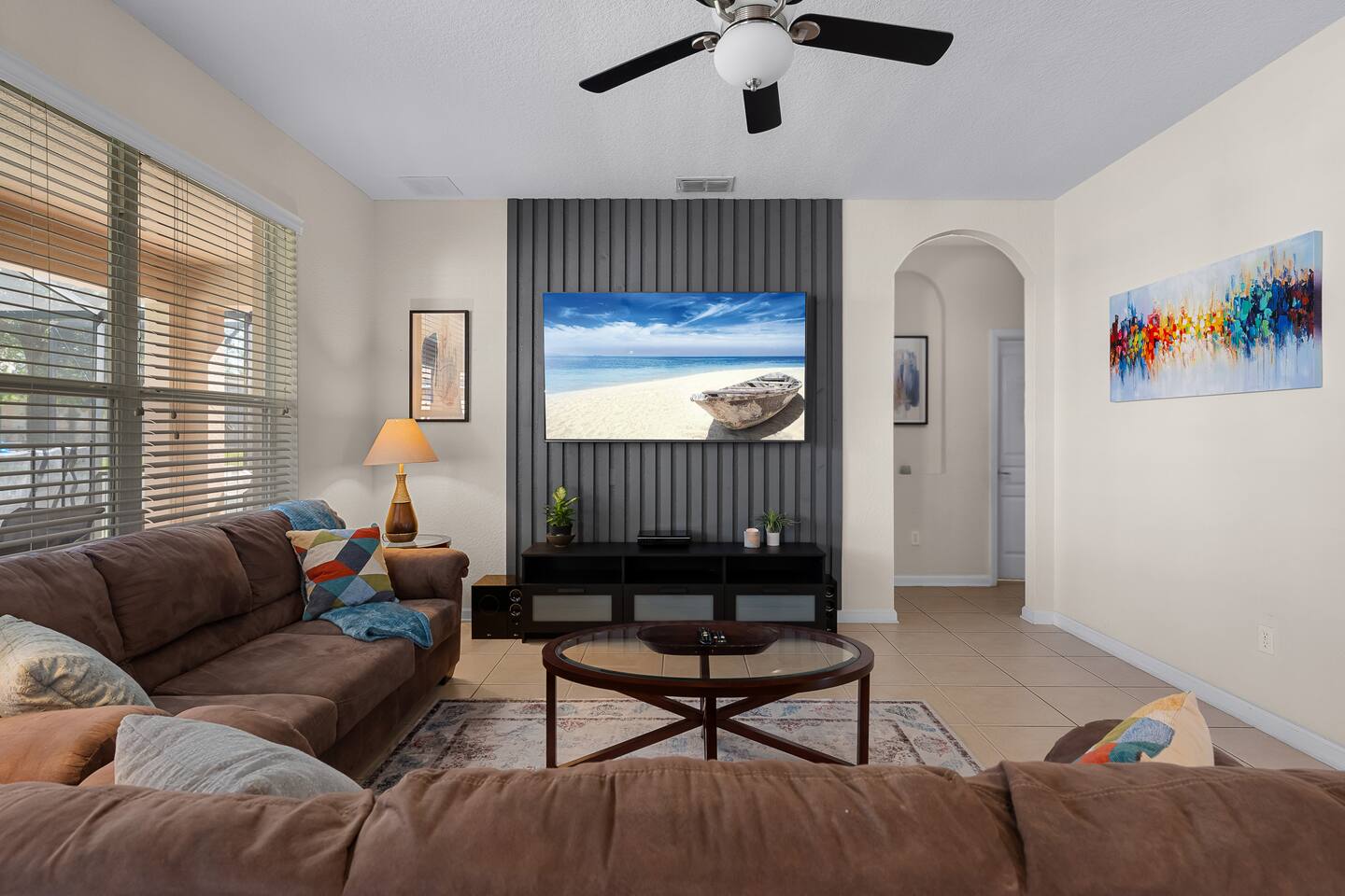 Bright and airy space with vibrant decor, perfect for relaxation and entertainme