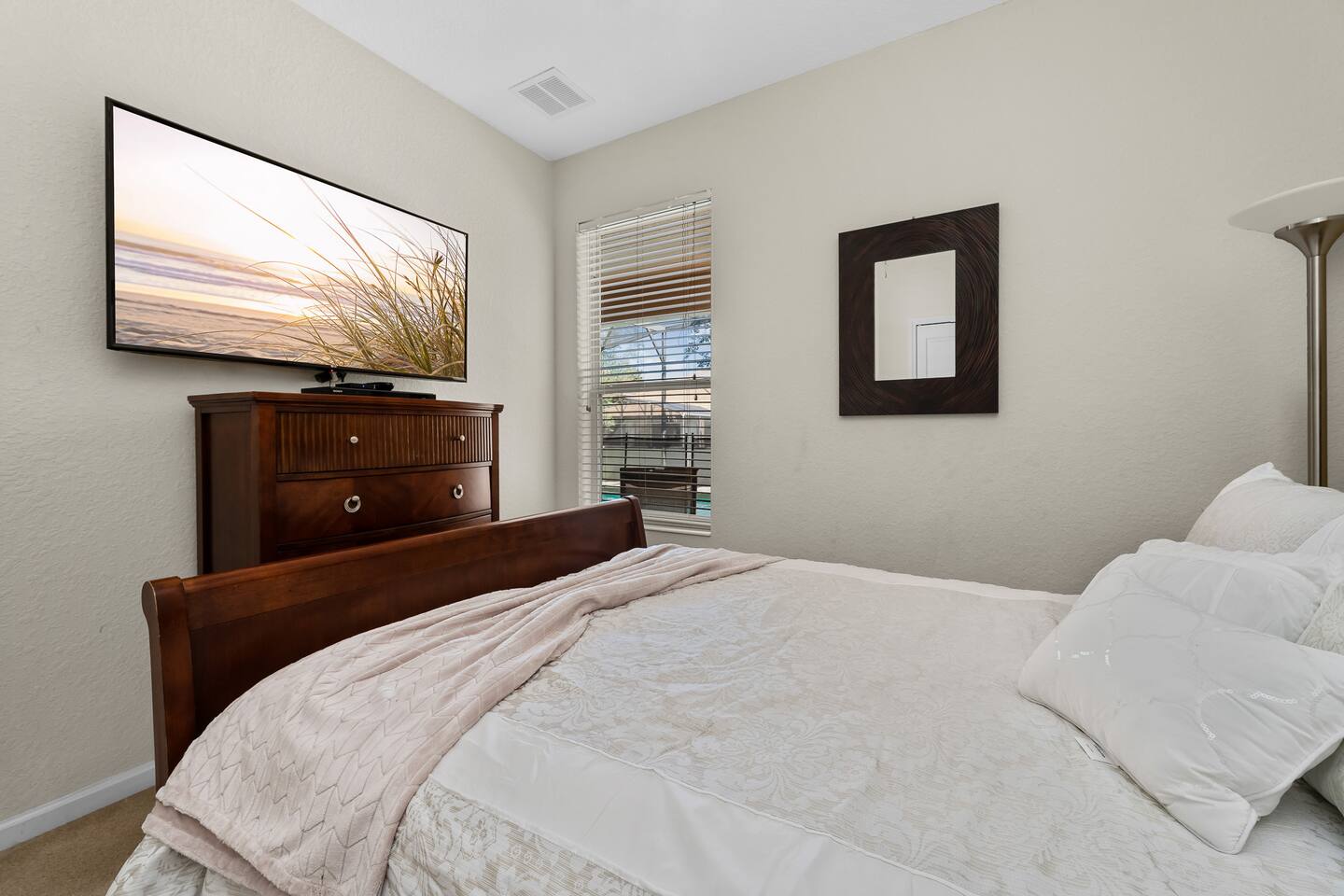 Wake up to tranquil views and unwind with your favorite show on a large TV!