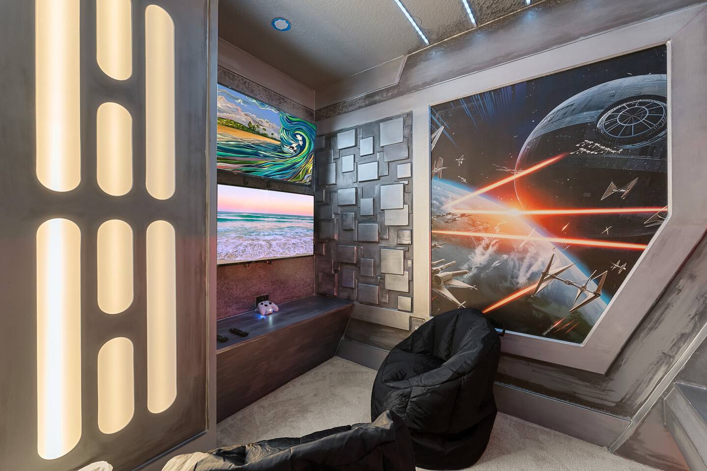 Galactic Game Room: Dive into adventures with epic decor, plush seating, and daz