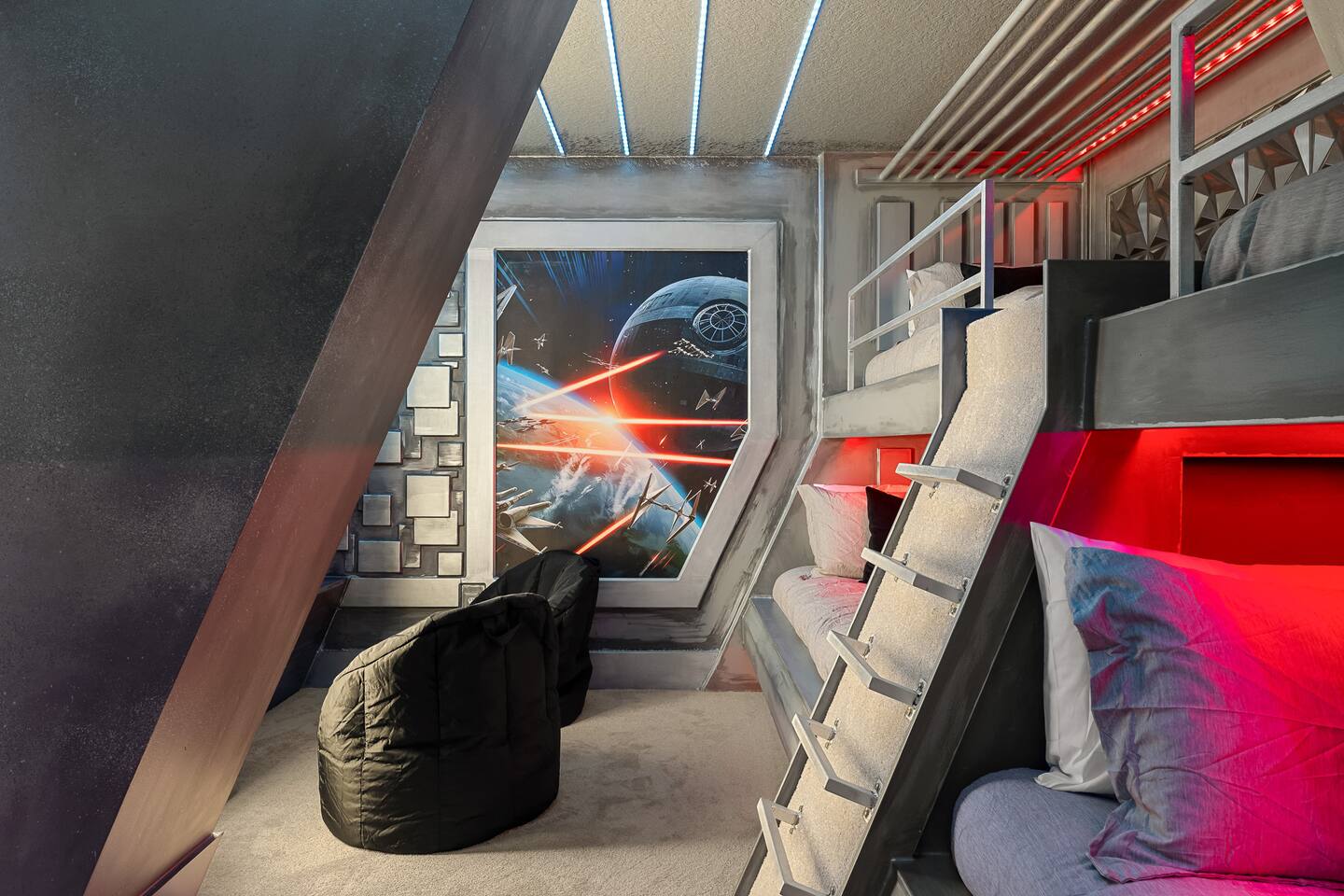 Adventure awaits with space-themed decor and comfortable bunks for dreamers!