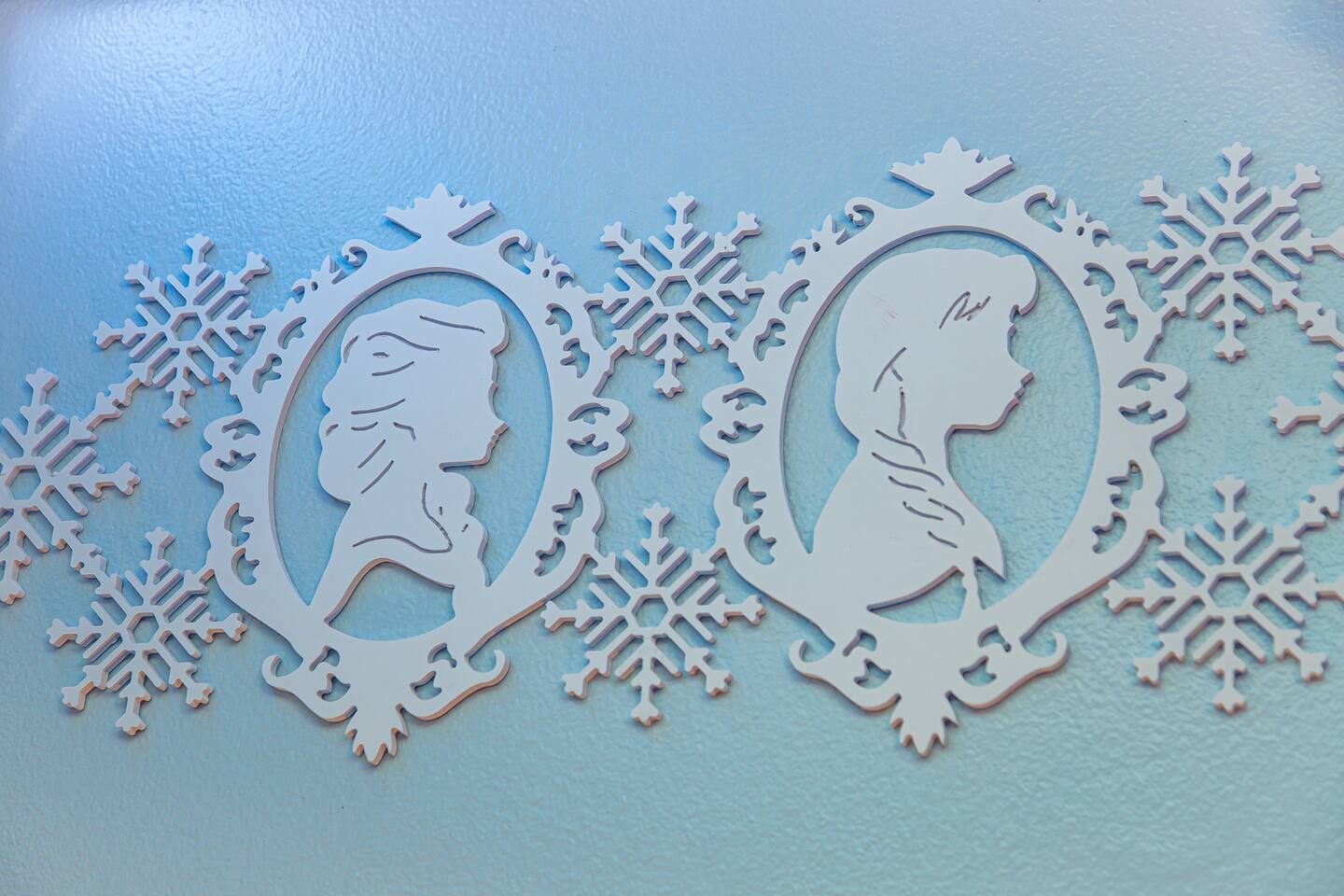Frozen-themed cameo wall art with snowflake decorations.