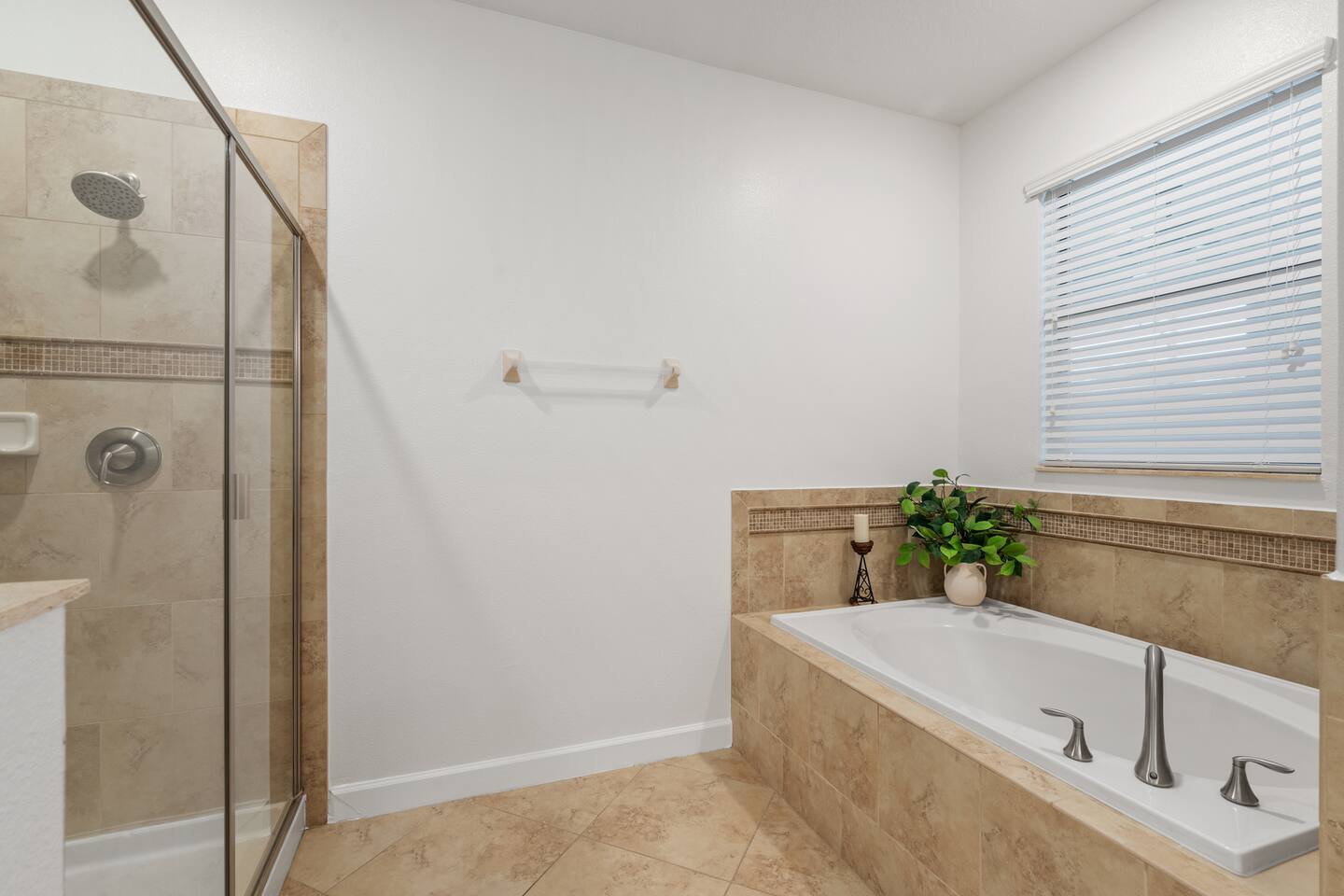 Primary bath with walk-in glass shower and a separate soaking tub.
