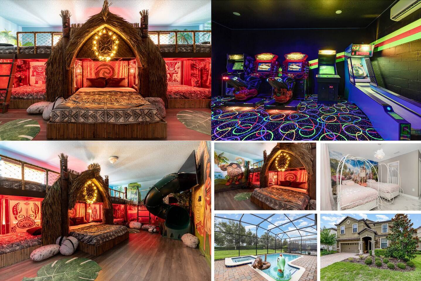 Photo collage highlighting the Moana-themed suite, arcade room, princess bedroom