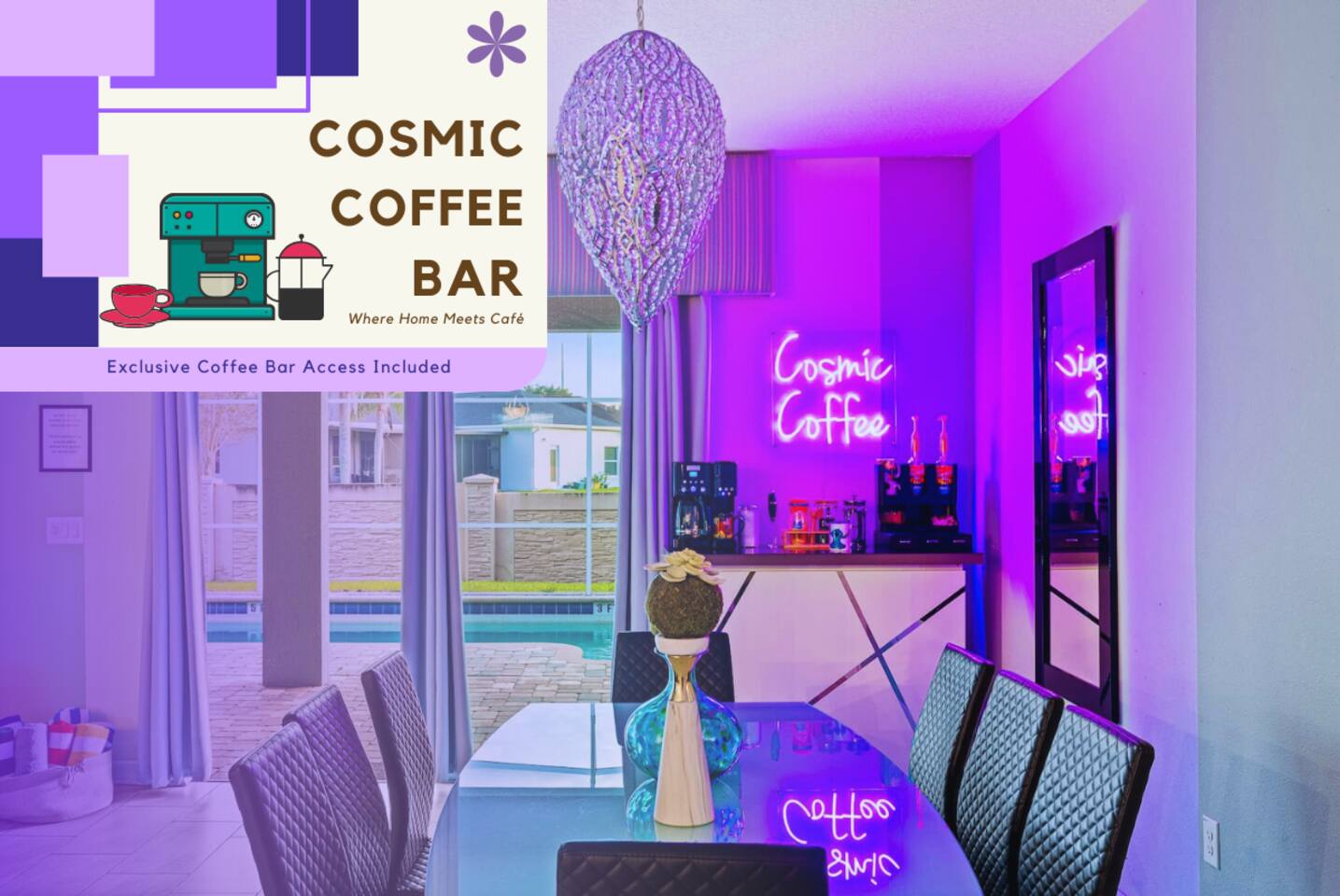 Cosmic Coffee Bar: Sip in style at our vibrant coffee station with poolside view