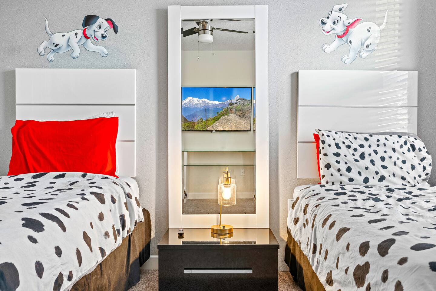 Cozy up with your favorite spotted pups in this delightfully themed space—design