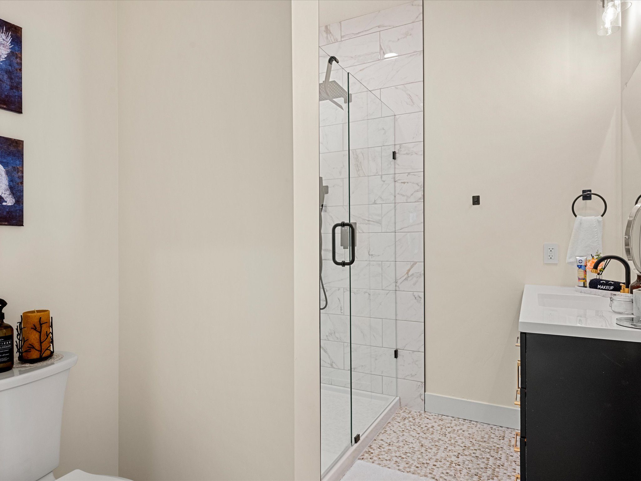 Full bathroom with a glass shower, vanity, and wildlife art