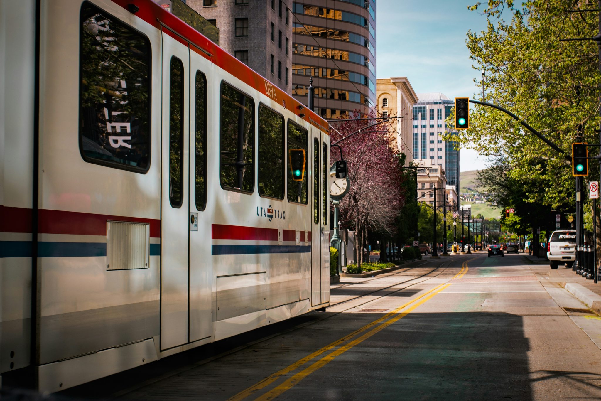 UTA TRAX light rail train running through downtown Salt Lake City