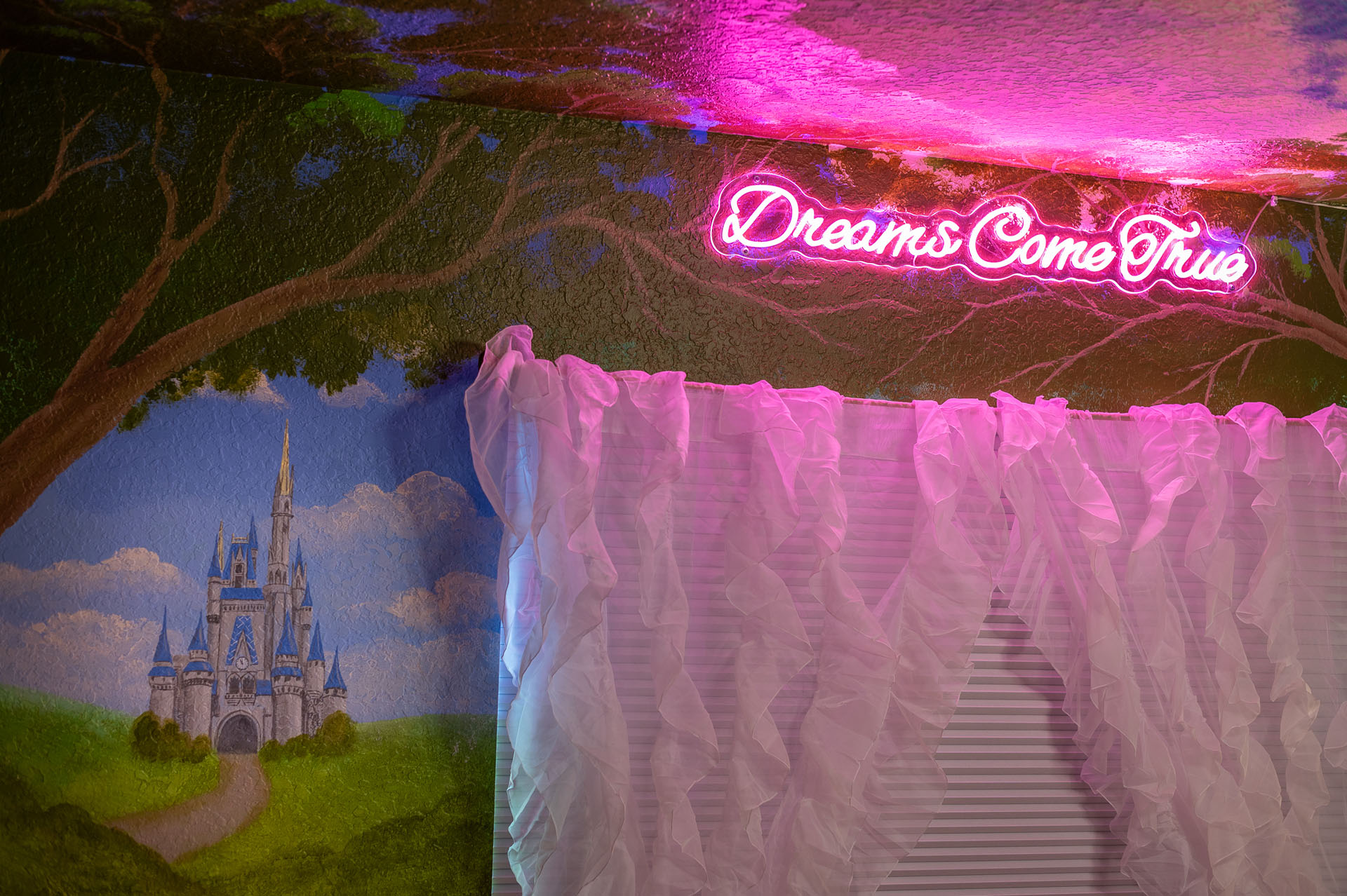 A 'Dreams Come True' neon sign glows above the fairytale room's castle mural.