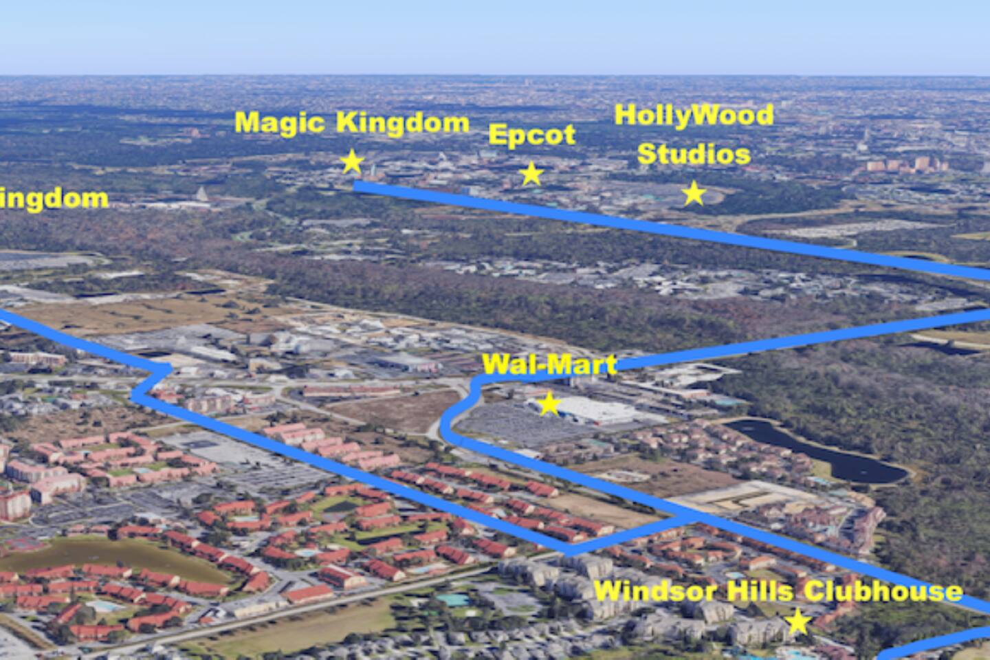 Aerial map showing the resort area's location relative to nearby theme parks.