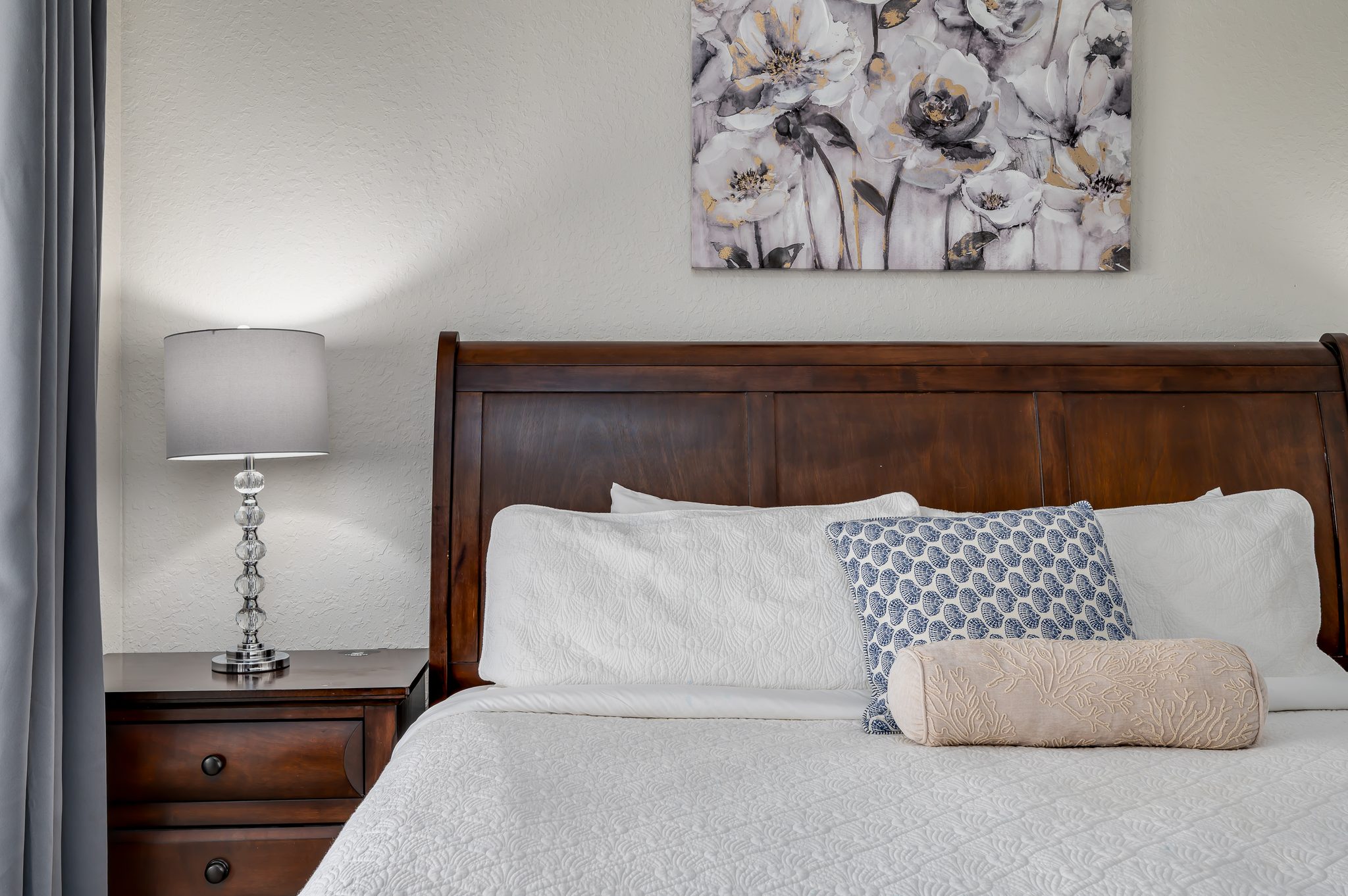 Serene bedroom and soft lighting.