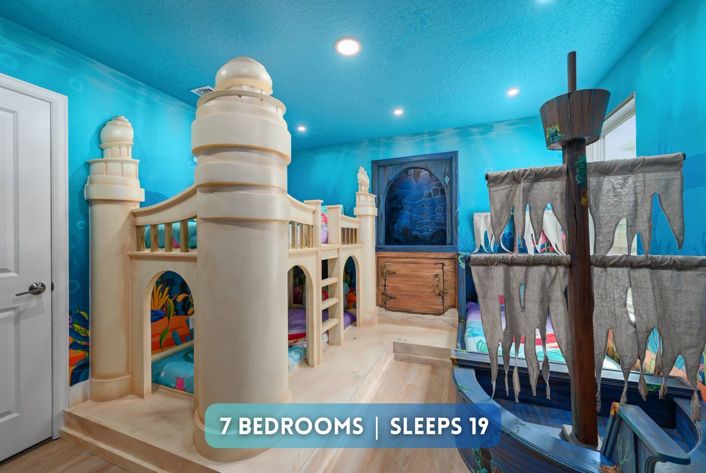 Little Mermaid room with sandcastle bunk beds and pirate-ship bed; overlay text 