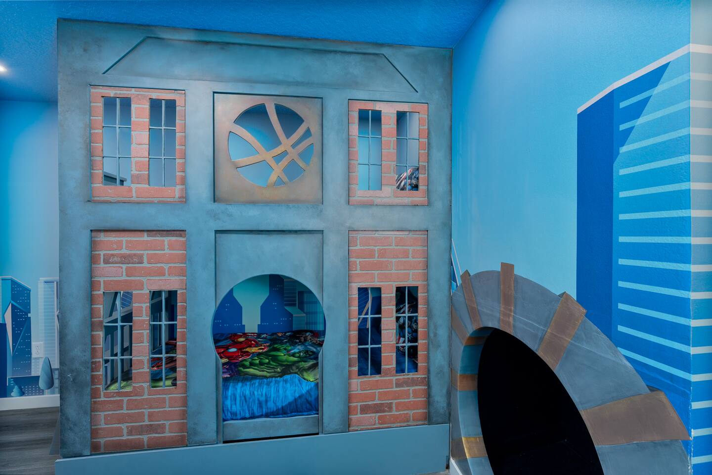 Avengers building-facade bed with sorcerer-window cutout and the round passage a