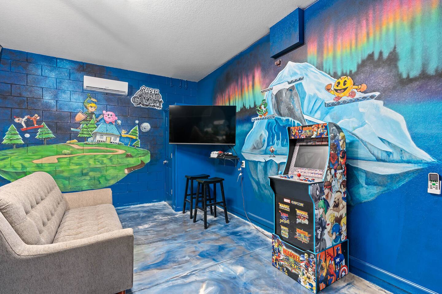 Vibrant murals and an arcade machine for endless entertainment!
