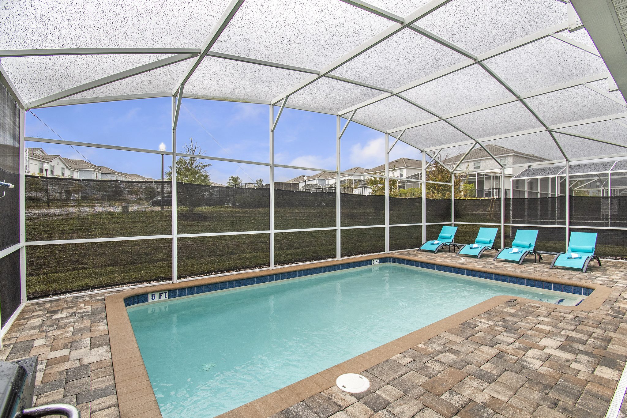 Screened-in private pool with sun loungers and an open grassy view