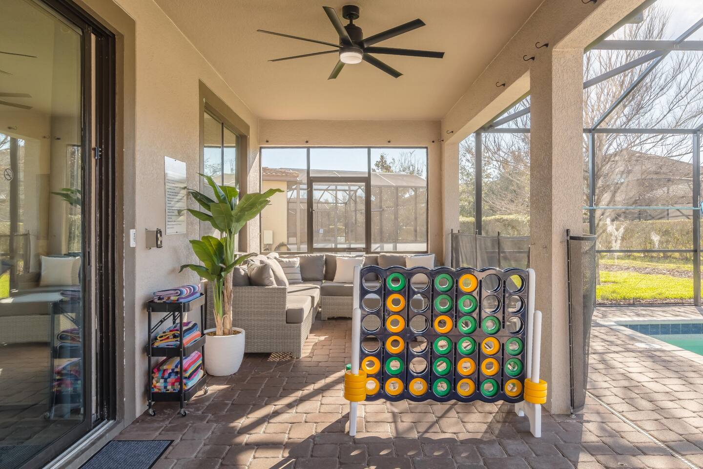 Fun patio games like giant connect 4 to use while hanging out by the pool.