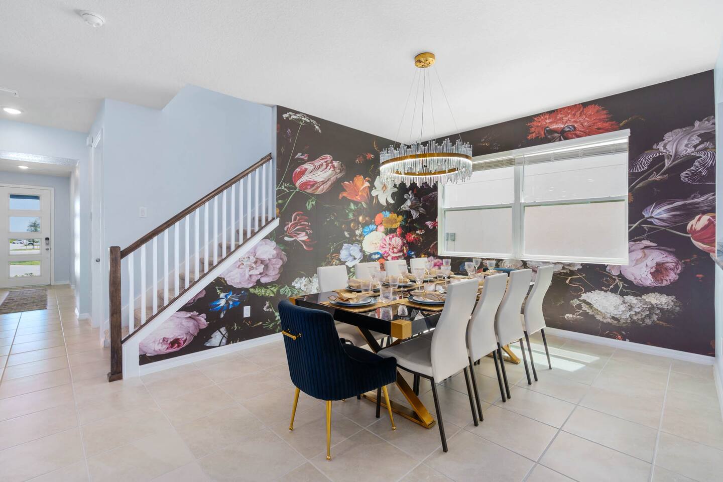 Elegant dining room is ready for the whole family.