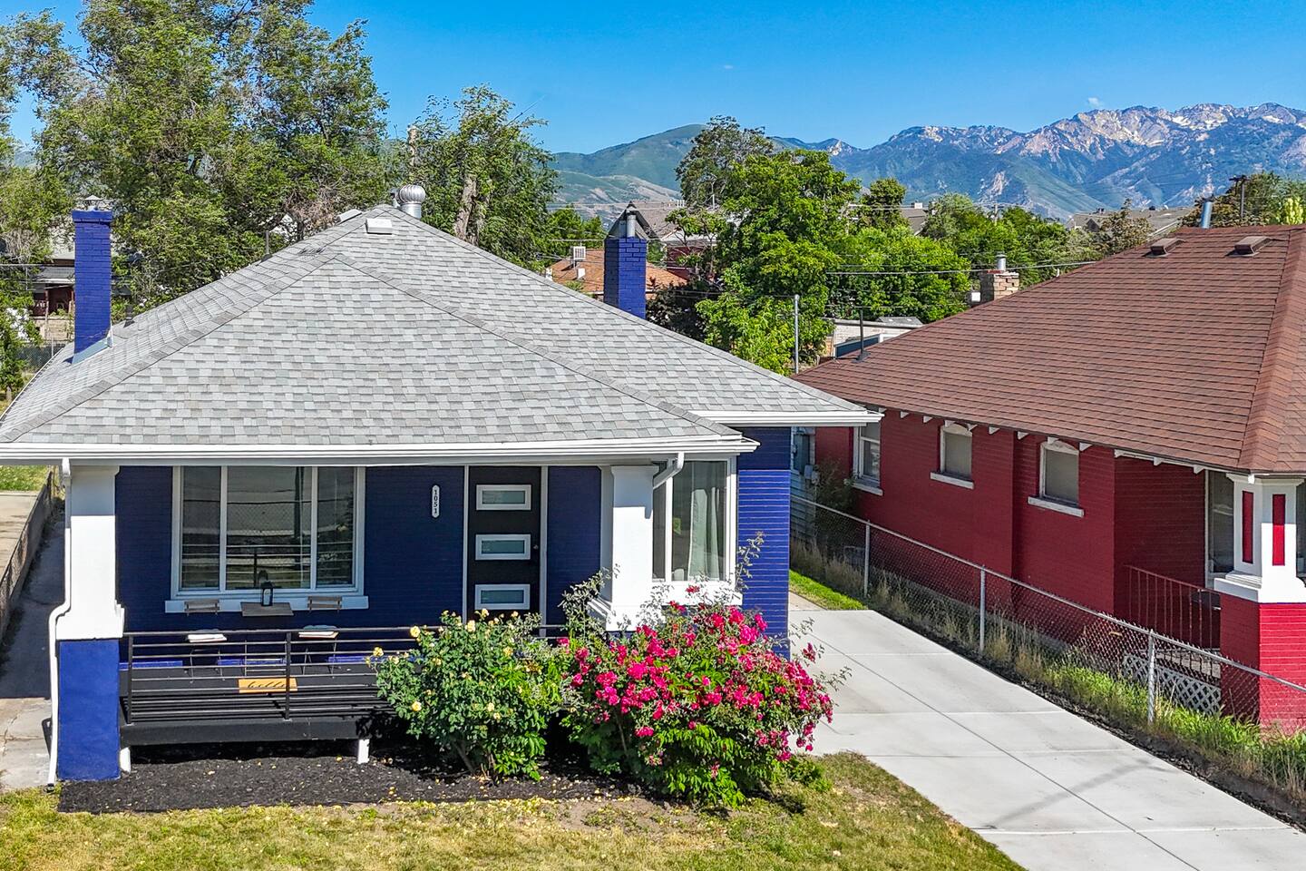Front of the bungalow with the Wasatch Mountains rising in the background.