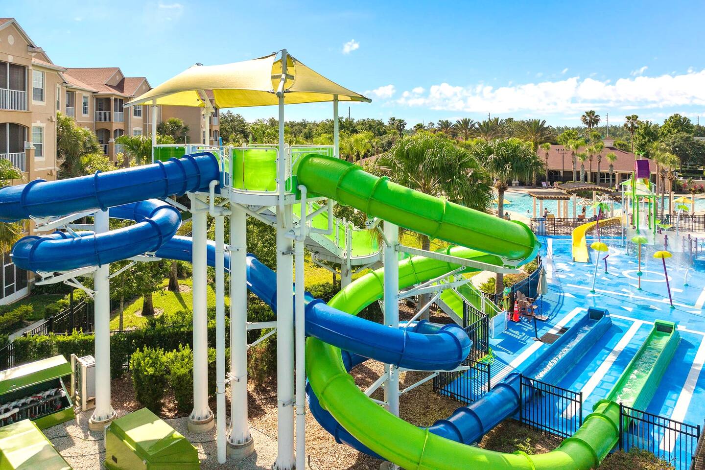 Twisting blue and green waterslides at the Windsor Hills resort waterpark.