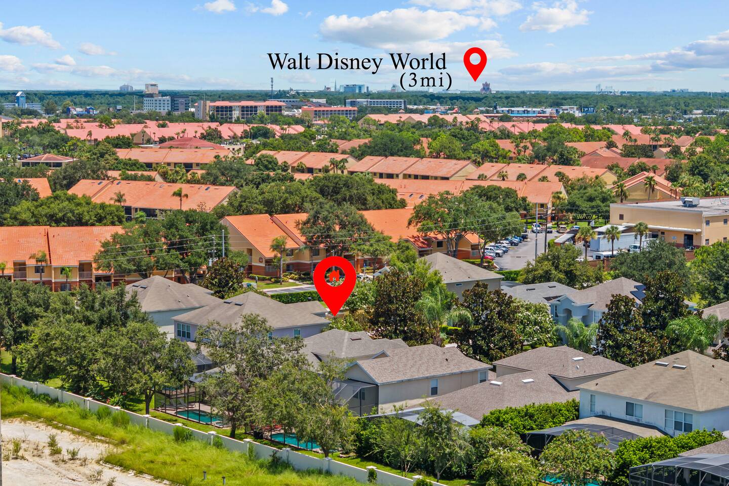 Aerial marking the home's location, with Walt Disney World about three miles awa