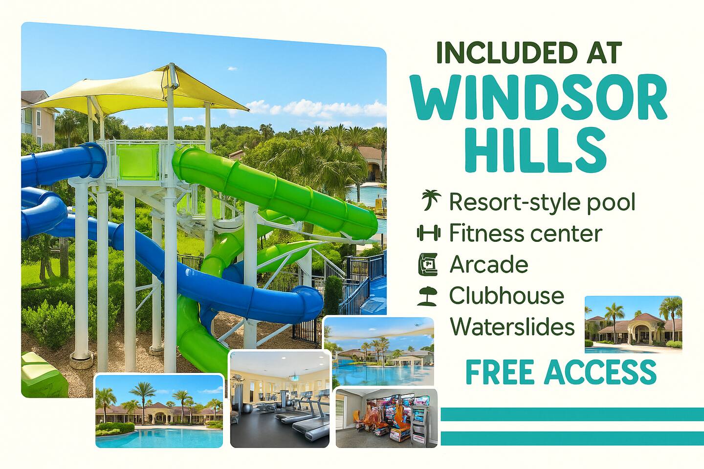 Windsor Hills resort amenities including pool, fitness center, arcade, and water