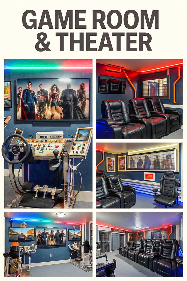 The game room and theater featuring racing simulators and tiered recliner seatin