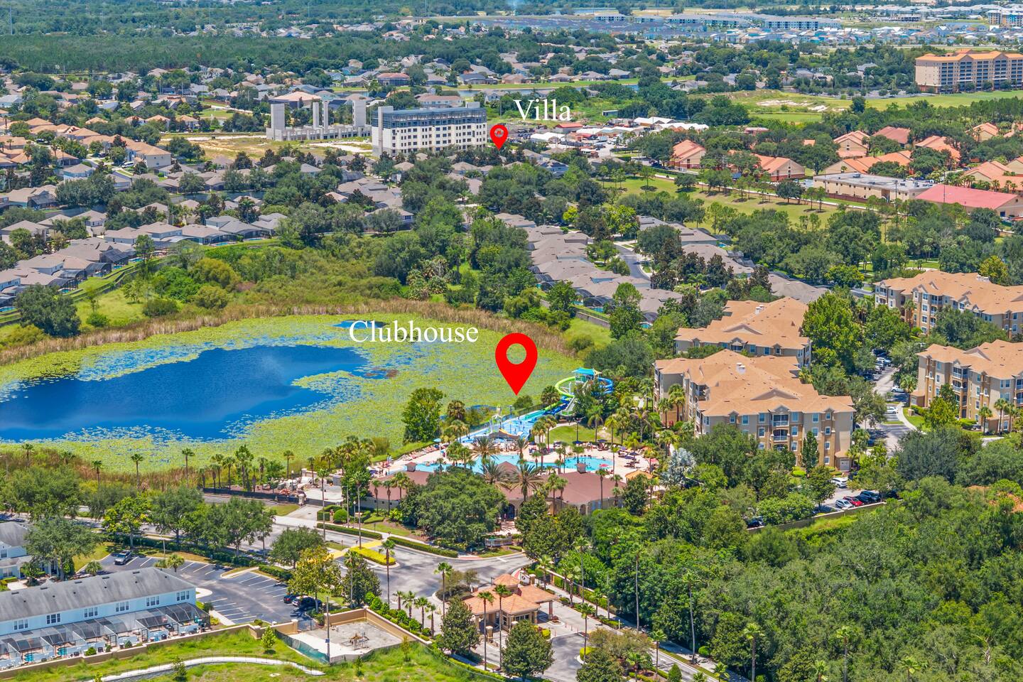 Aerial marking the villa near the Windsor Hills clubhouse waterpark.